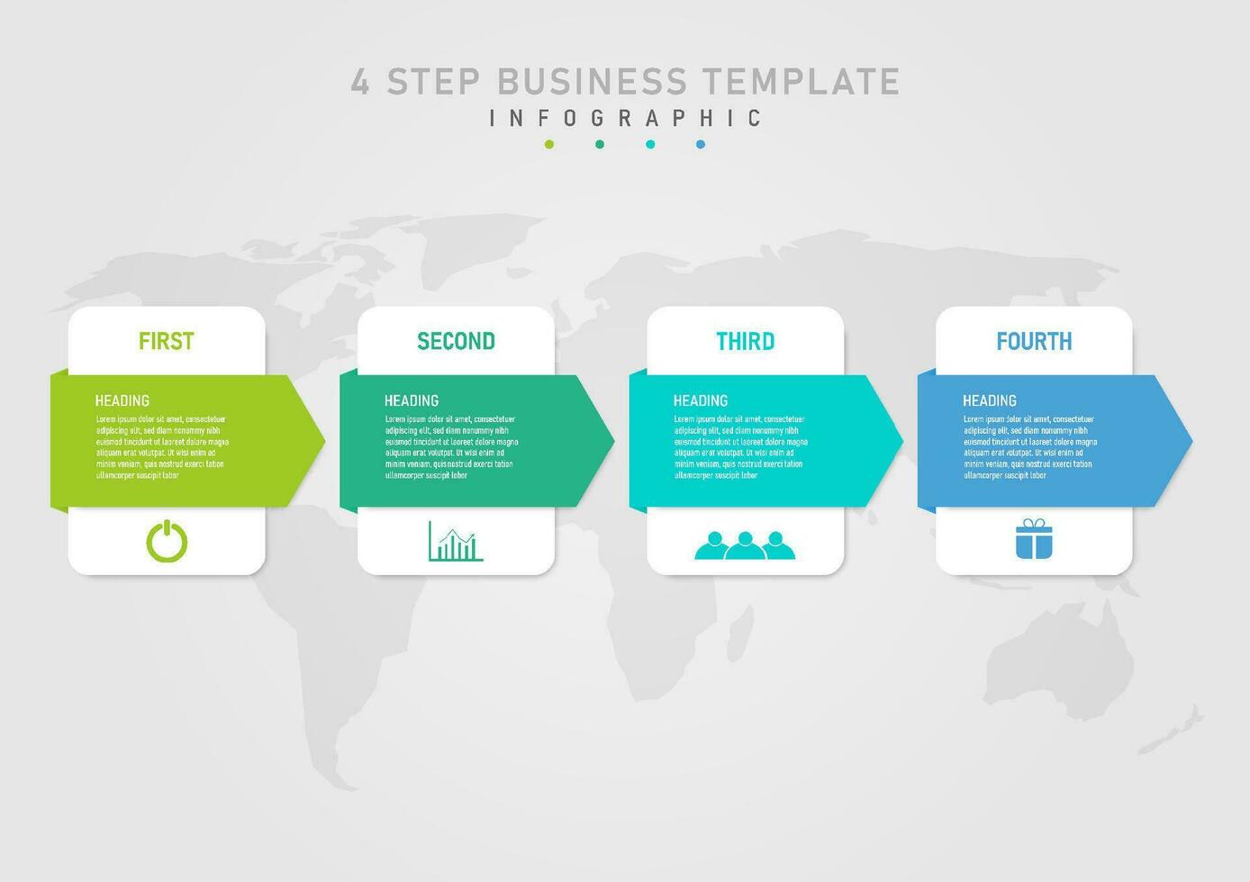 4 steps business infographic template Multi-colored acute-angled squares There is a white letter in the middle and a white square. Colored icons below the world map under a gray gradient background. vector