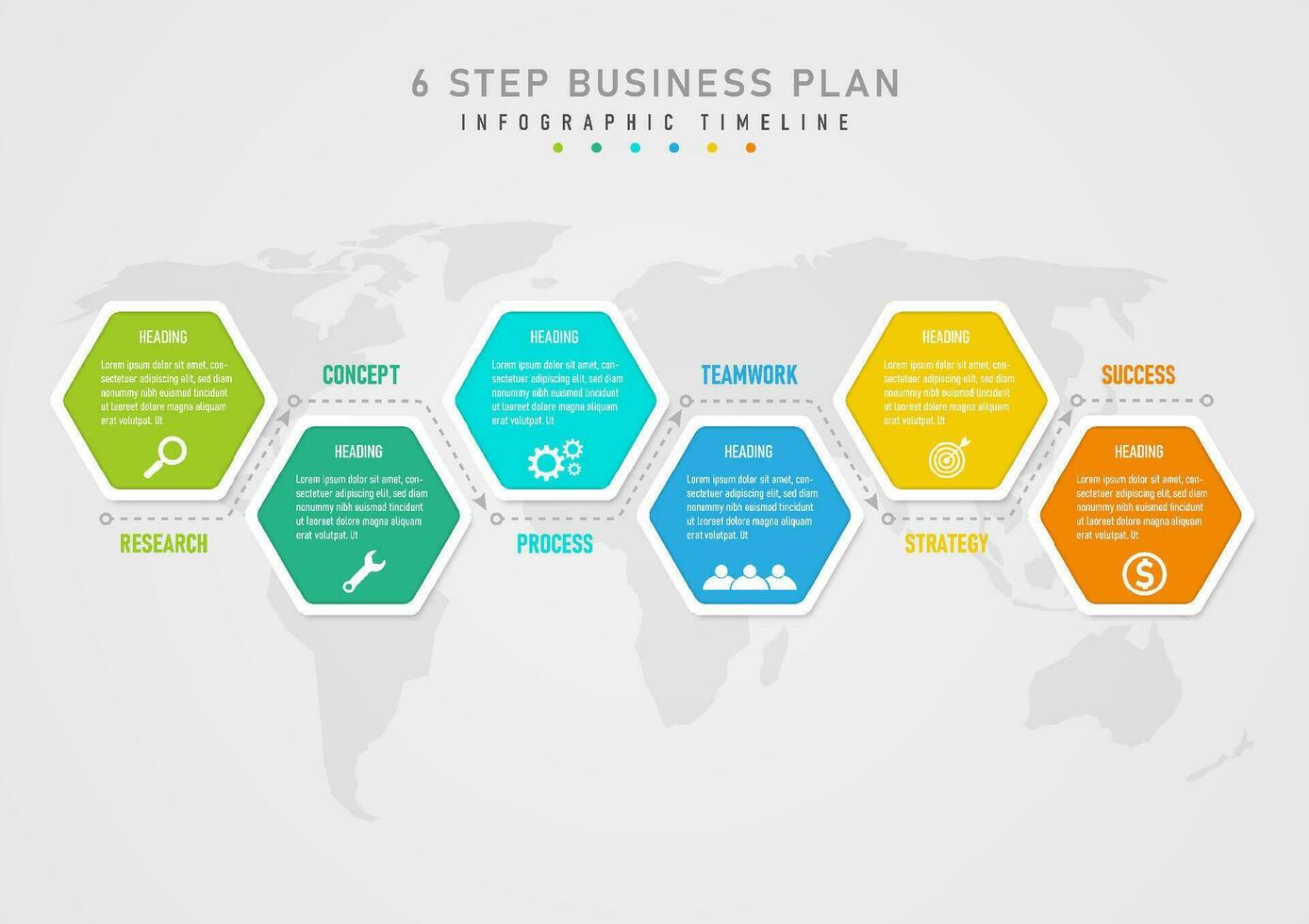 6 steps to business planning for success Infographic template Multi-colored hexagons with white frames There is a letter in the middle. bottom icon gray directional arrow Map below vector