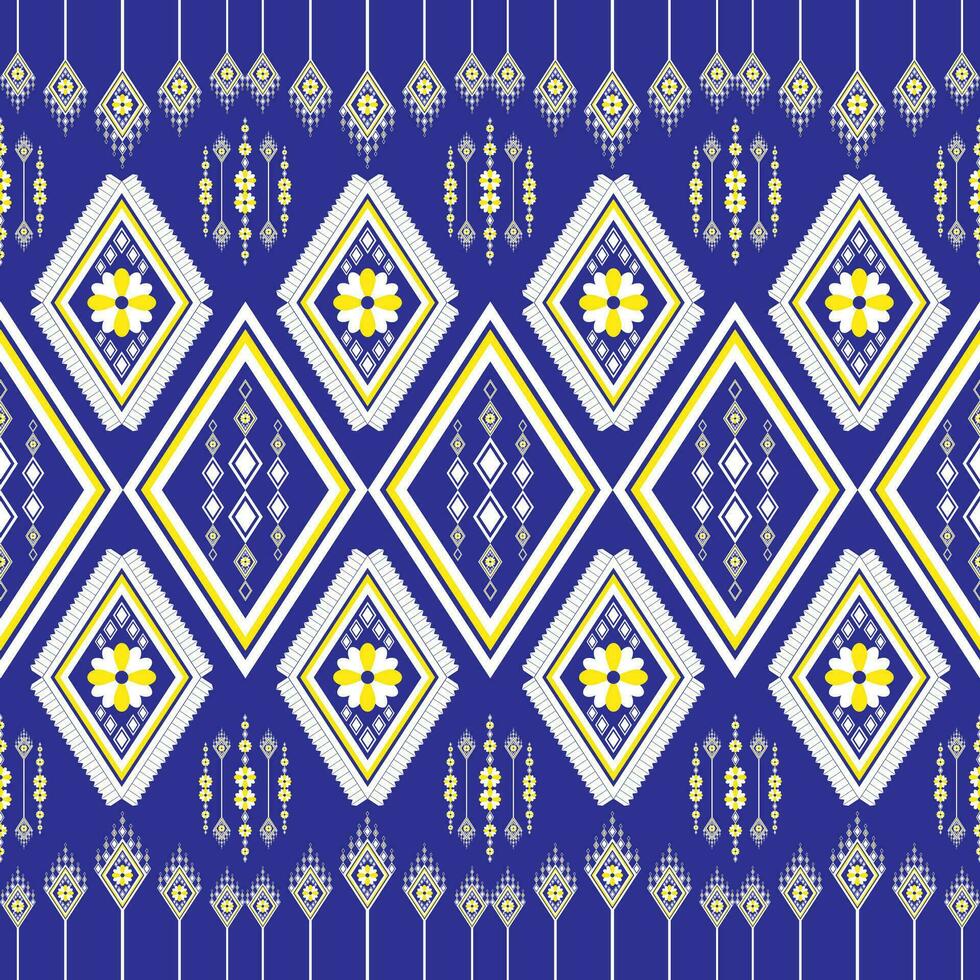 Geometric ethnic embroidery floral pattern, beautiful and unique from local woven fabric. Blue background, designed for garment, tile, clothing, textile, carpet, cloth bag. vector
