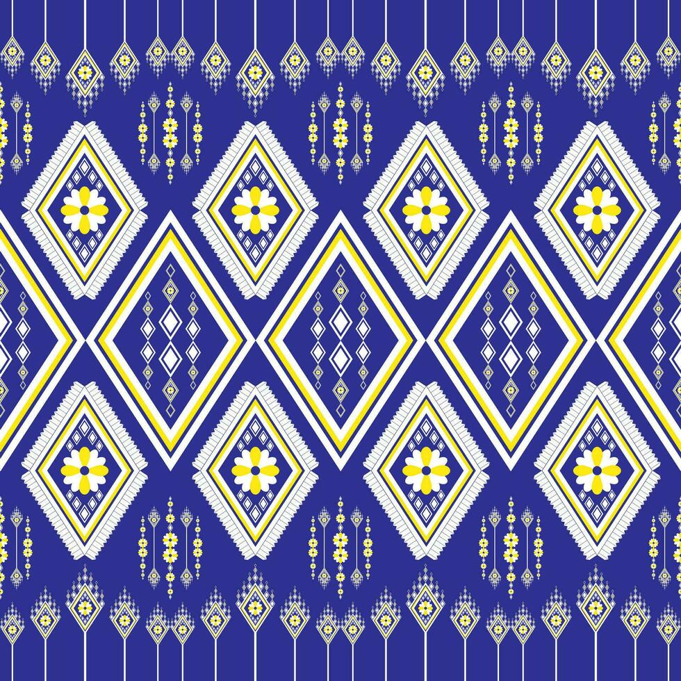 Geometric ethnic embroidery floral pattern, beautiful and unique from local woven fabric. Blue background, designed for garment, tile, clothing, textile, carpet, cloth bag. vector