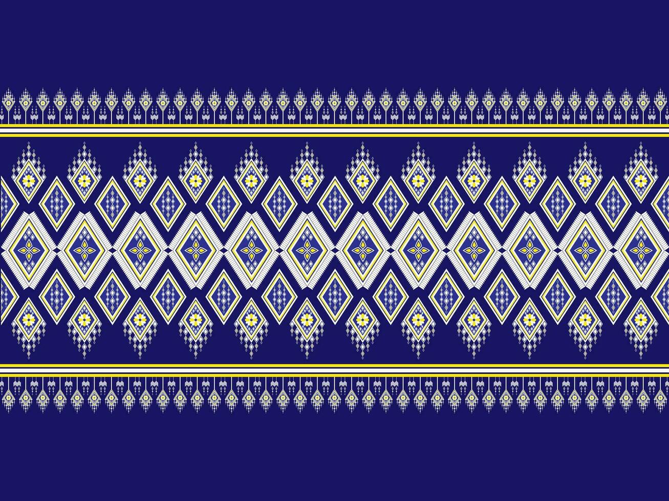 The fabric pattern is made from geometric shapes and flowers, joined together in a beautiful, unique, ethnic style. embroidery on a blue backgrounddesigned for garment, tile, clothing, textile, carpet vector