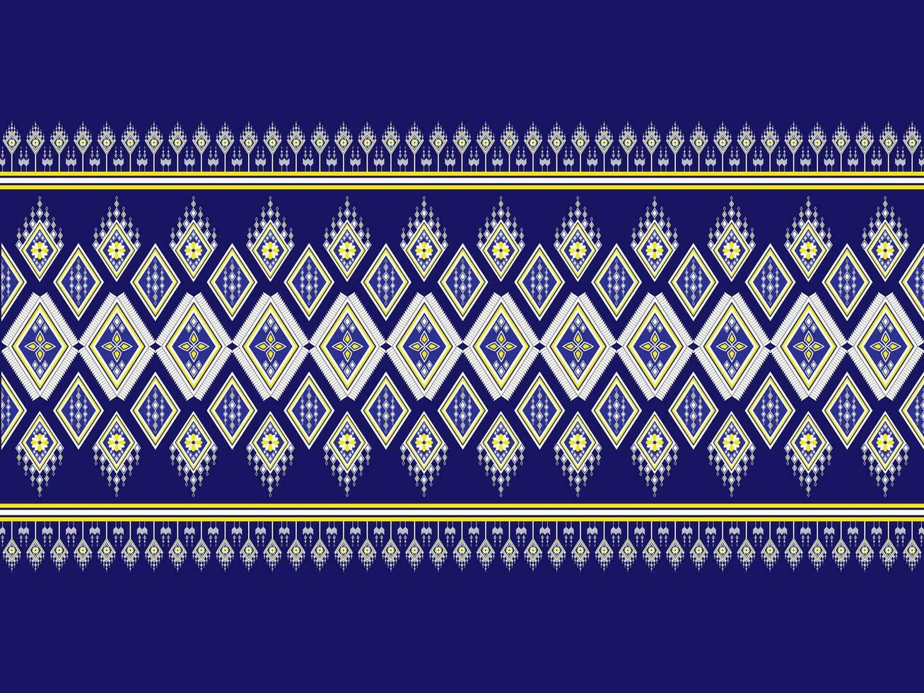 The fabric pattern is made from geometric shapes and flowers, joined together in a beautiful, unique, ethnic style. embroidery on a blue backgrounddesigned for garment, tile, clothing, textile, carpet vector