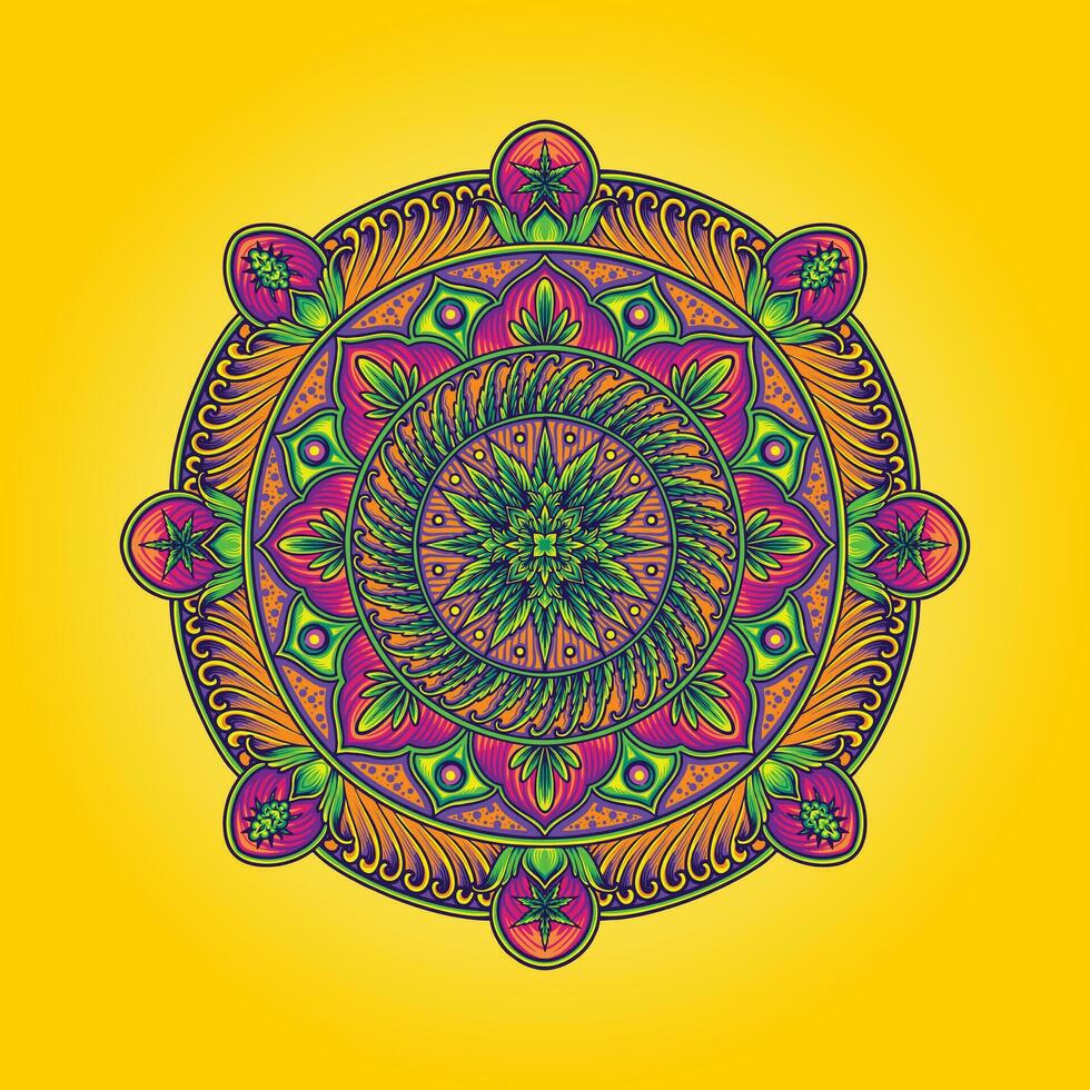 Mandala flourish ornament with weed leaves vector illustrations for your work logo, merchandise t-shirt, stickers and label designs, poster, greeting cards advertising business company or brands.