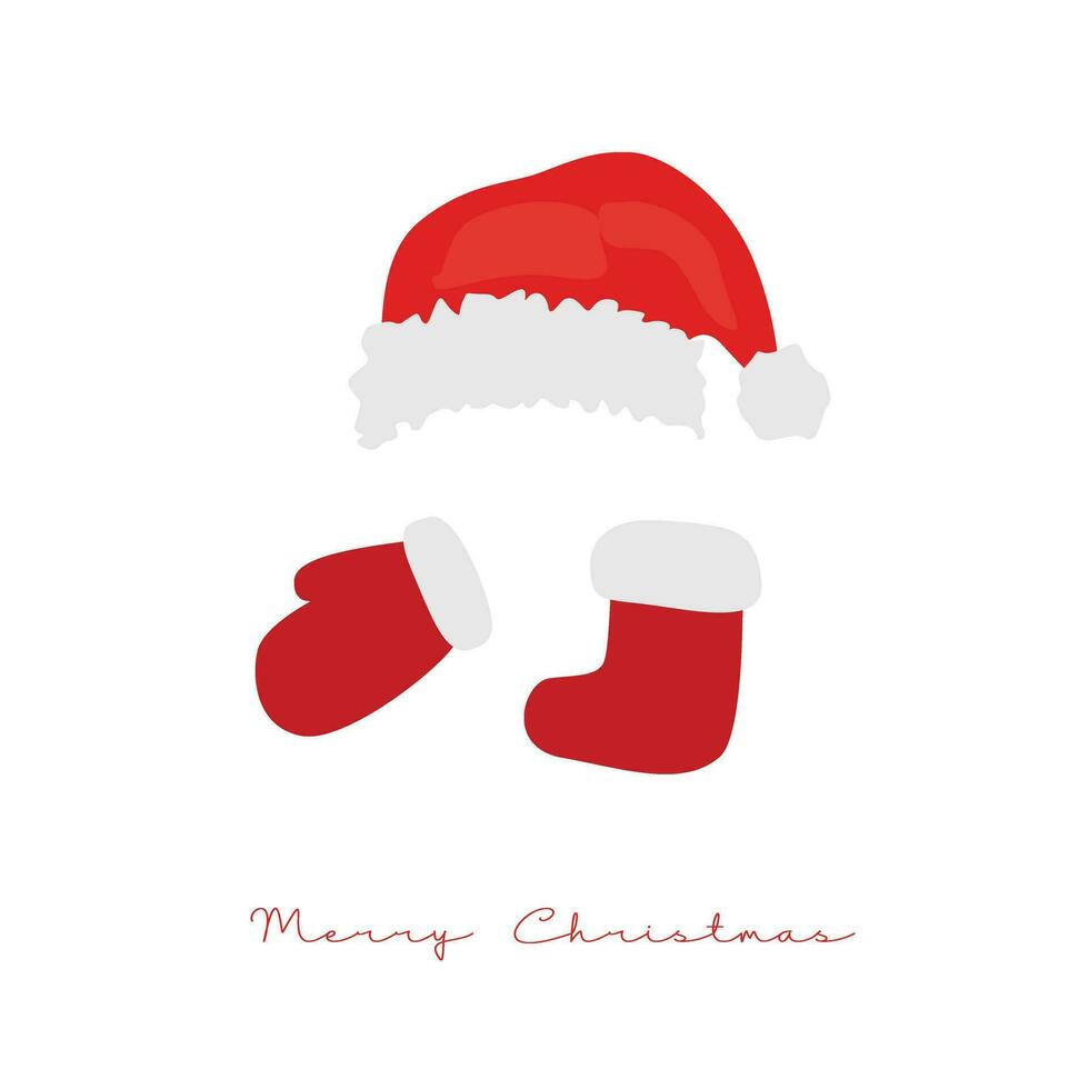 Santa claus clothes vector. Santa claus hat, cap, gloves and shoes. Merry christmas and happy new year clip art. Flat vector in cartoon style isolated on white background.