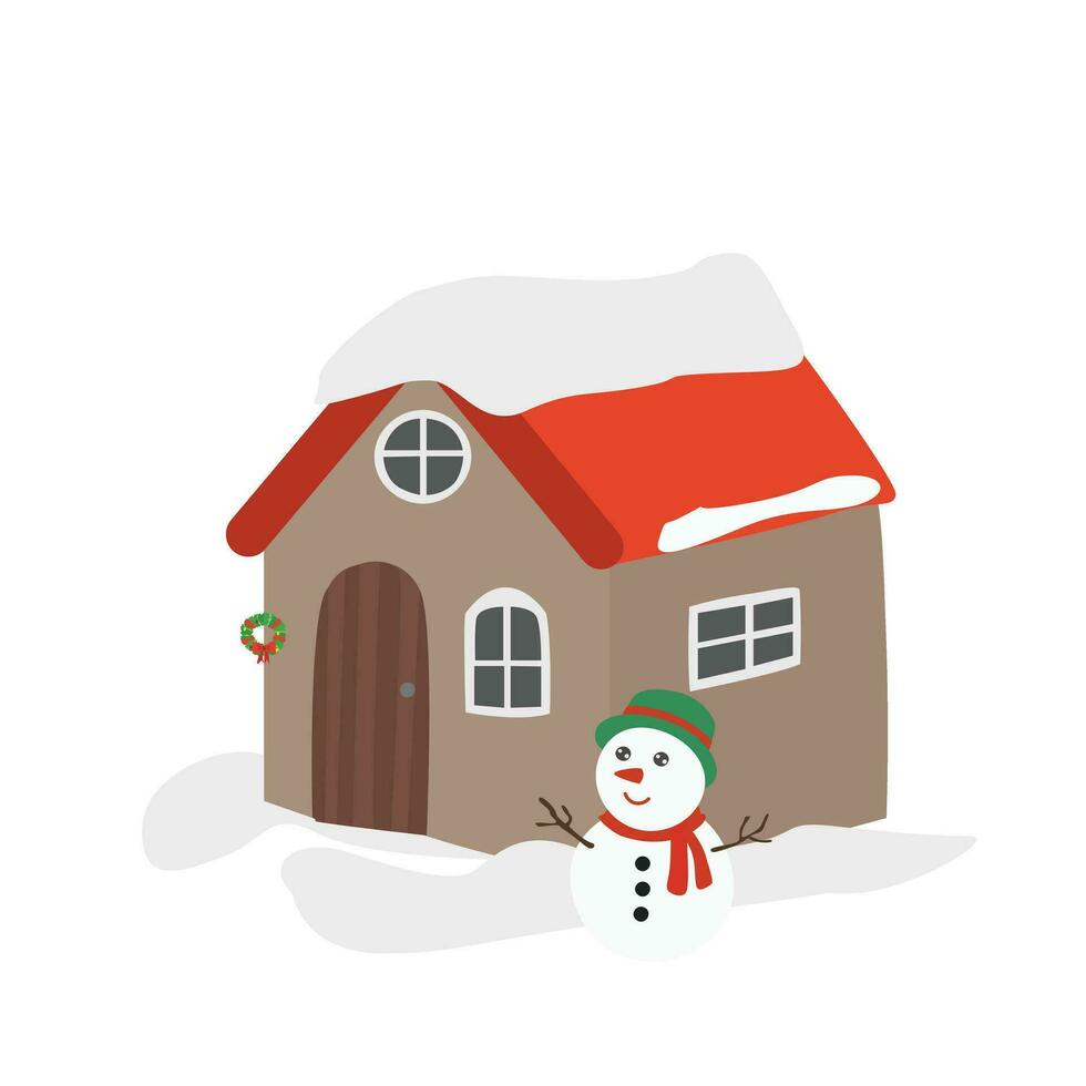 Winter landscape. Snow house. House in winter snow. Merry christmas and happy new year clip art. Flat vector in cartoon style isolated on white background.