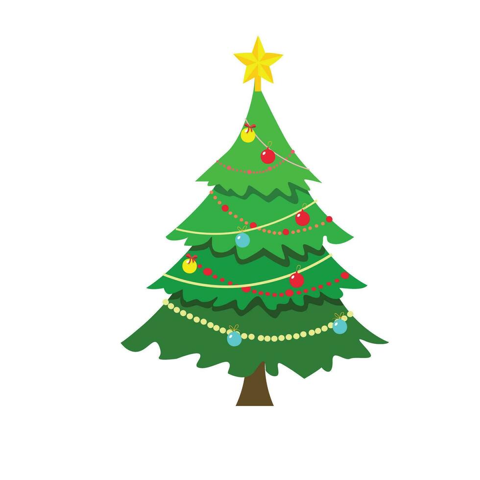 Decorated christmas tree vector. Christmas tree cartoon. Merry christmas and happy new year clip art. Flat vector in cartoon style isolated on white background.