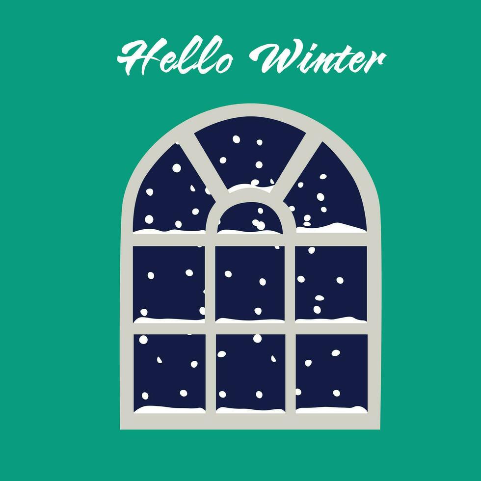Winter window with snow outside. Window in winter.  Hello winter vector. Merry christmas and happy new year clip art. Flat vector in cartoon style isolated on white background.