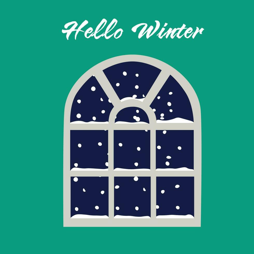 invierno ventana con nieve afuera. ventana en invierno. Hola invierno vector. alegre Navidad y contento nuevo año acortar Arte. plano vector en dibujos animados estilo aislado en blanco antecedentes.