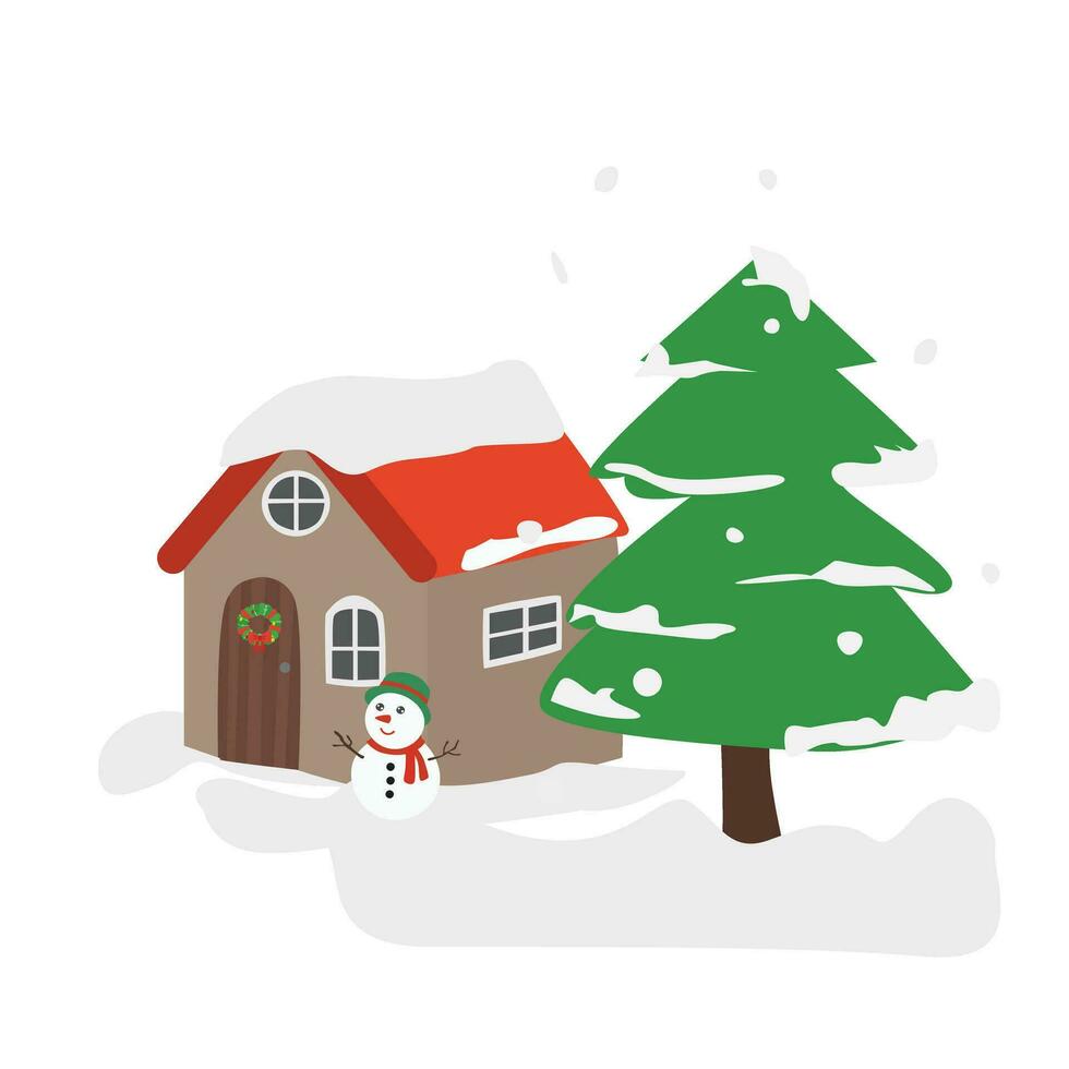 invierno paisaje. nieve casa. casa y árbol en invierno nieve. alegre Navidad y contento nuevo año acortar Arte. plano vector en dibujos animados estilo aislado en blanco antecedentes.