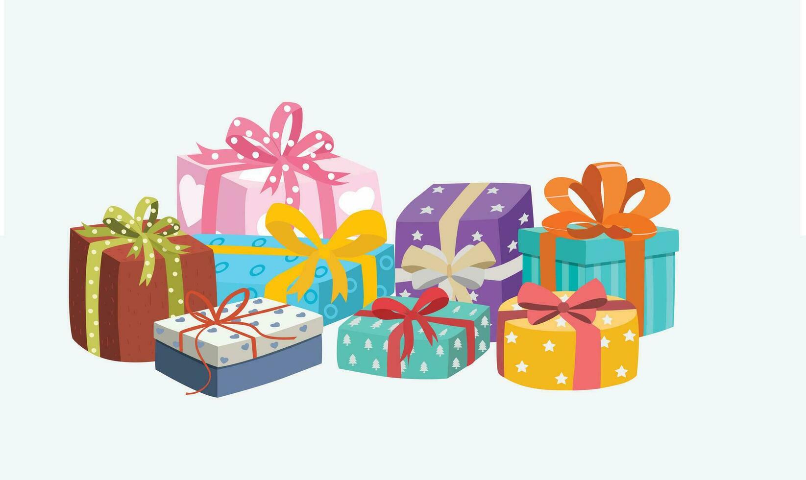 Gift box cartoon vector set. Present box cartoon vector set. Gift box wrapped in different colors of paper and ribbon. Flat vector in cartoon style isolated on white background.