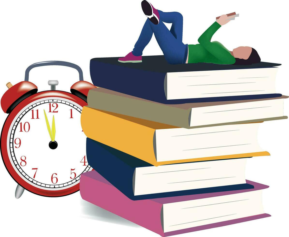 study time girl with a book and wake up vector