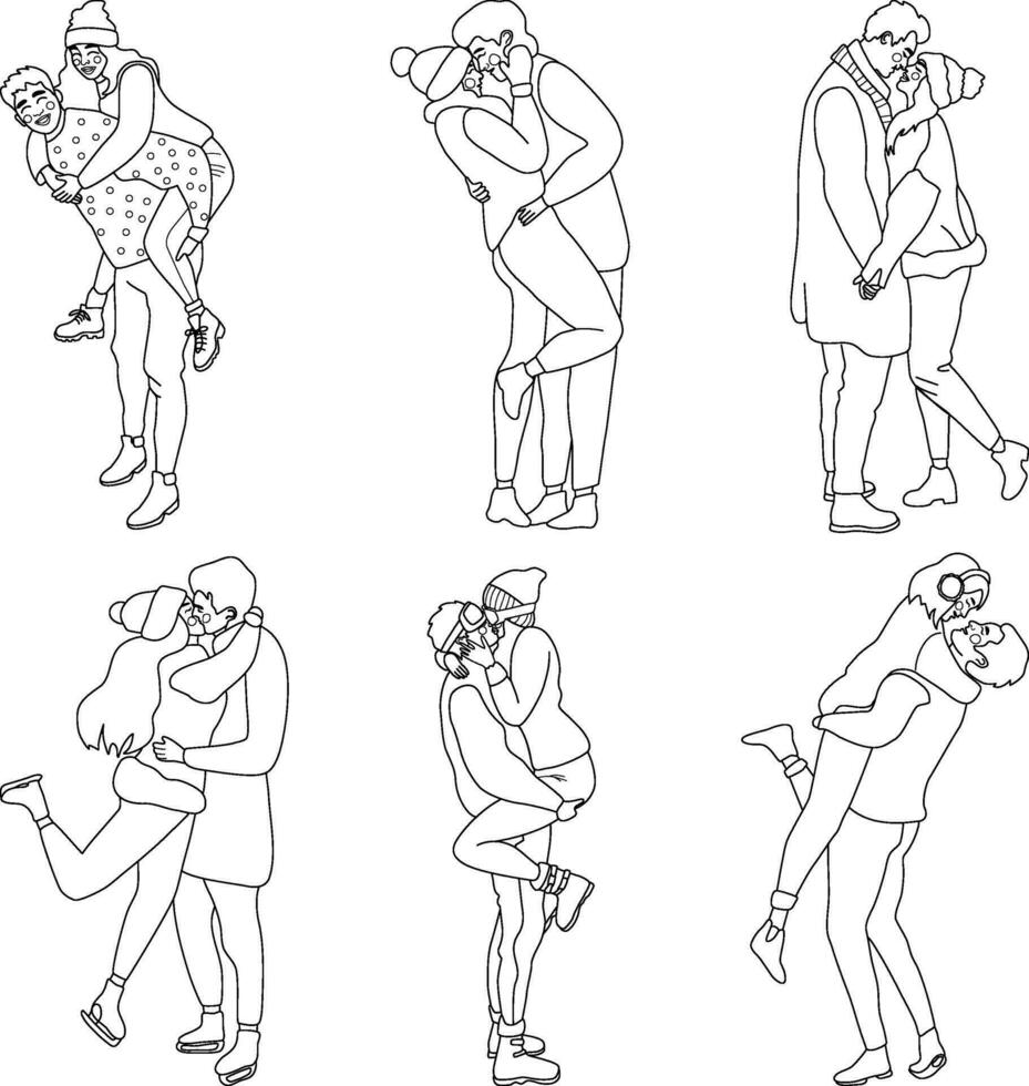 Big line art set of romantic couples in warm winter clothes. Holiday