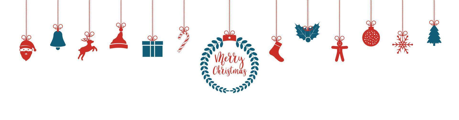 Hanging christmas icons and new year greetings, banner, card. illustrator vector