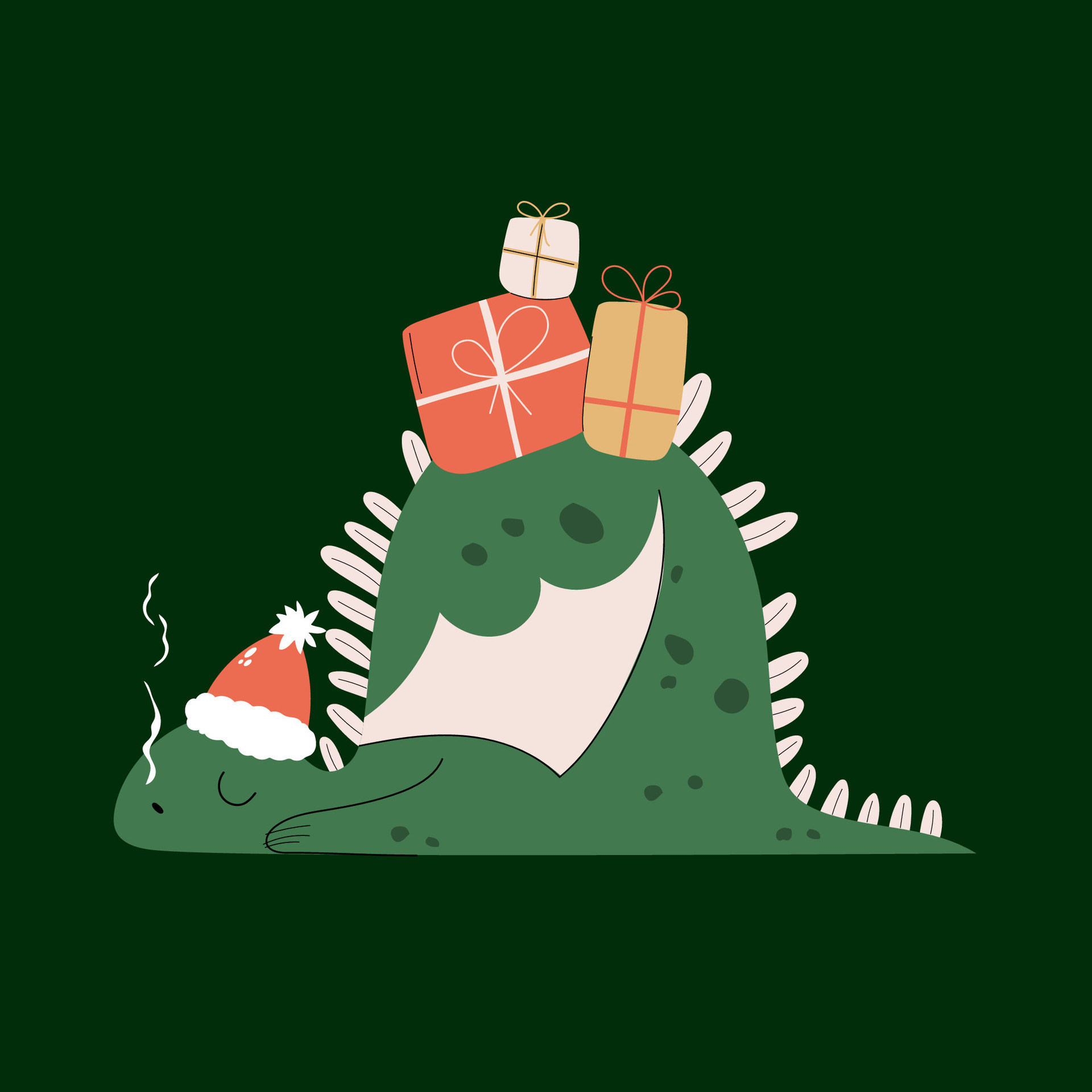 Hand drawn sleeping dragon with gift boxes on his back. Cute dino ...