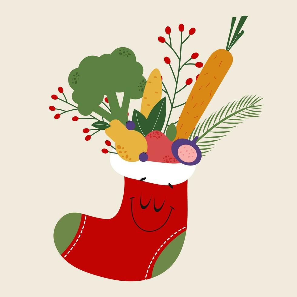 Smiling Christmas stocking full of fruits and vegetables. Healthy New year vector design. Isolated on beige background.