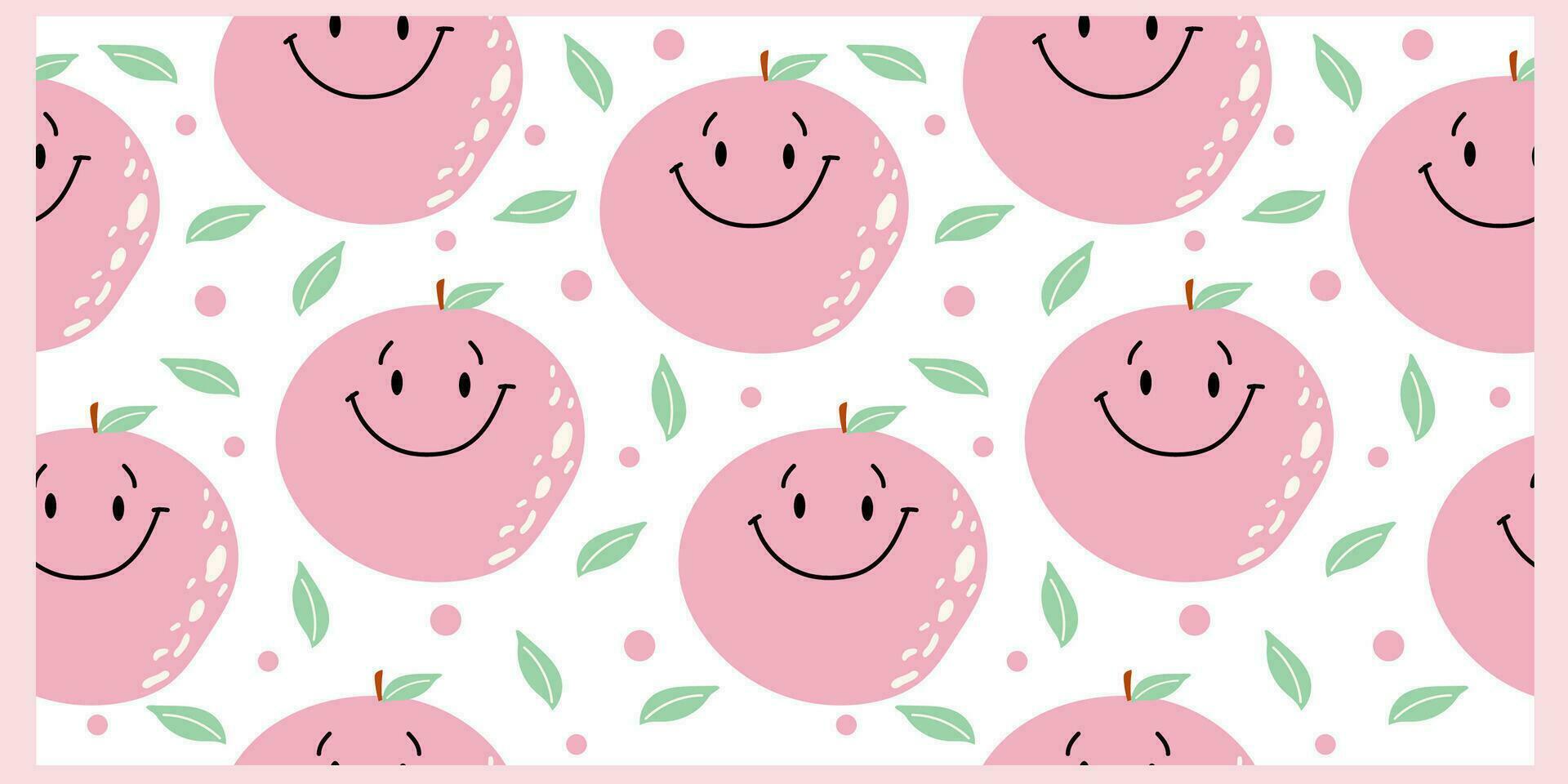Seamless pattern with cute smiling apple and leaves. Simple hand drawn vector design.