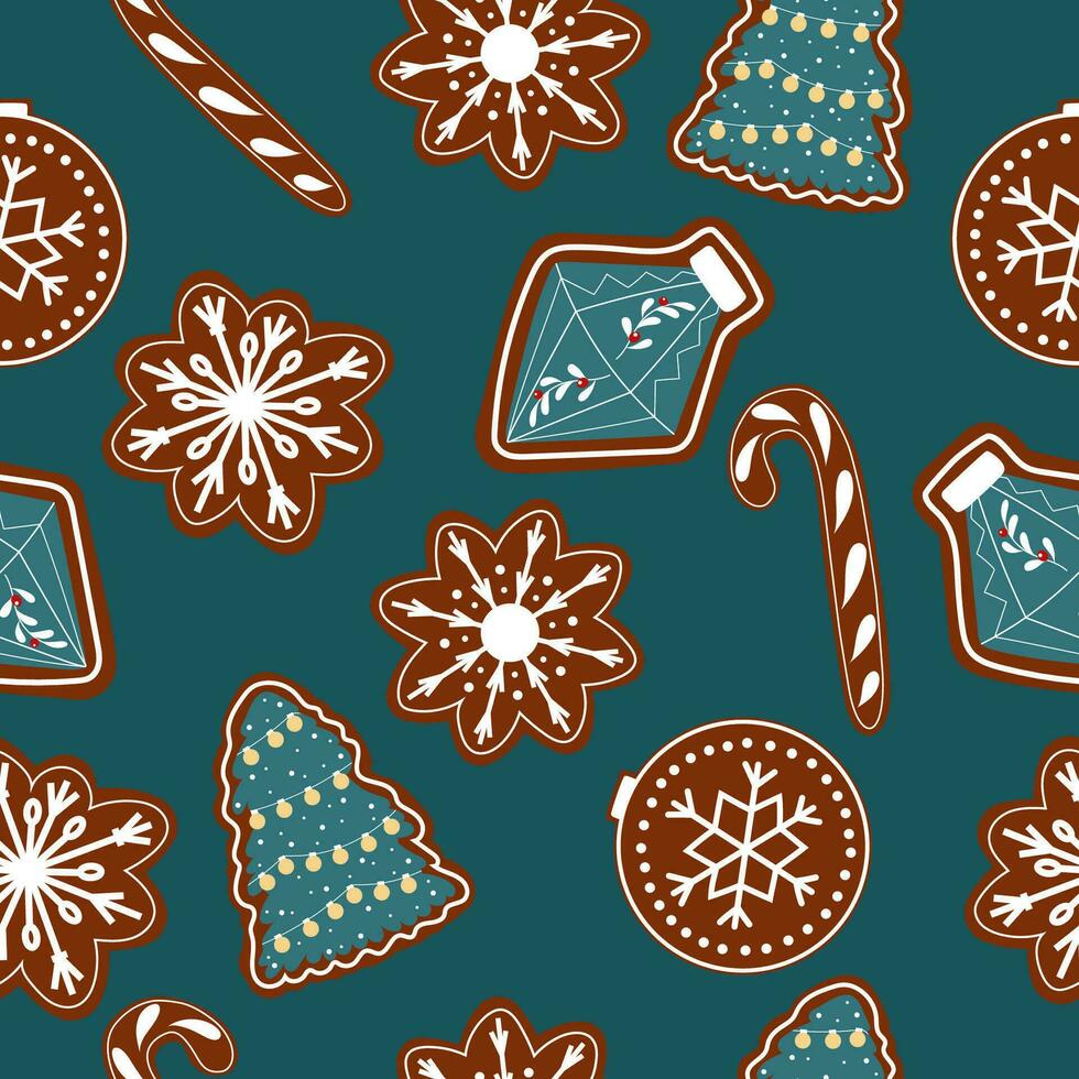 Bright seamless pattern with gingerbread cookies. Christmas candy cane, snowflake and tree vector design.