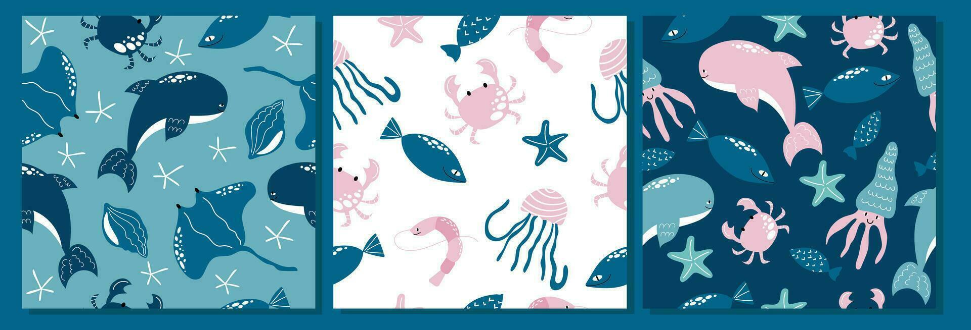 Set of seamless patterns with hand drawn underwater animals. Square vector design.