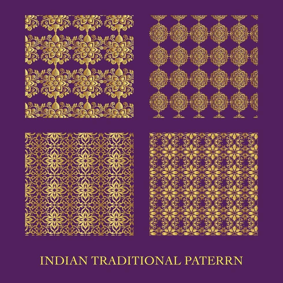 Grid of Four Gold Indian Traditional Patterns on Purple Background vector