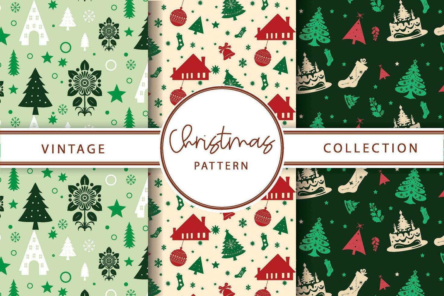 Vintage Christmas Pattern Collection with Trees, Houses, and Snowflakes vector