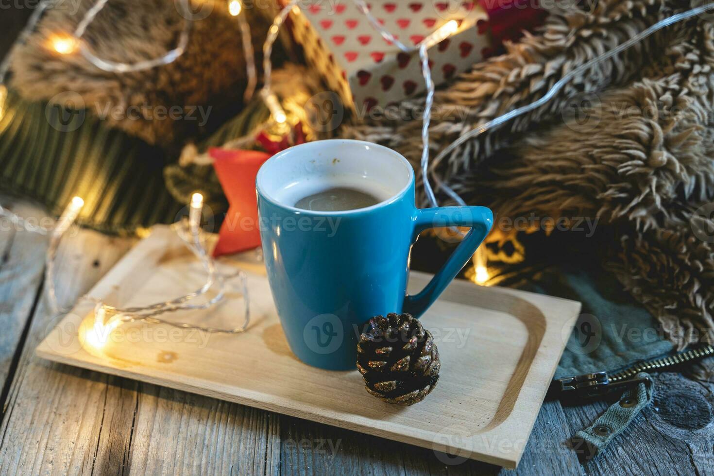 christmas decoration lights and coffee cup photo