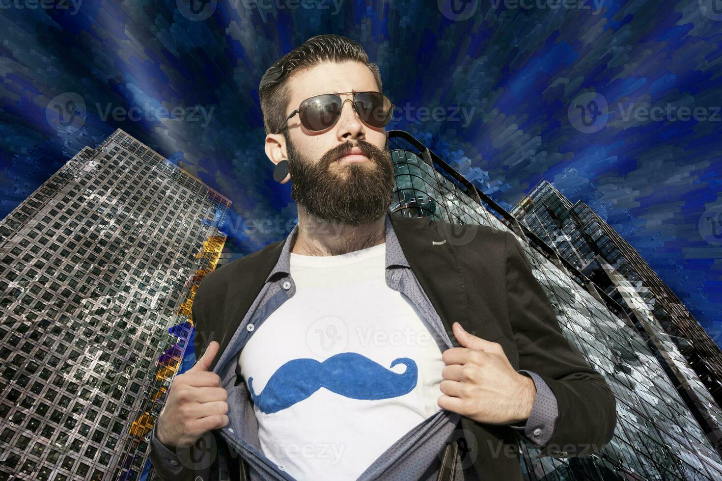 young hipster superhero against colored background photo