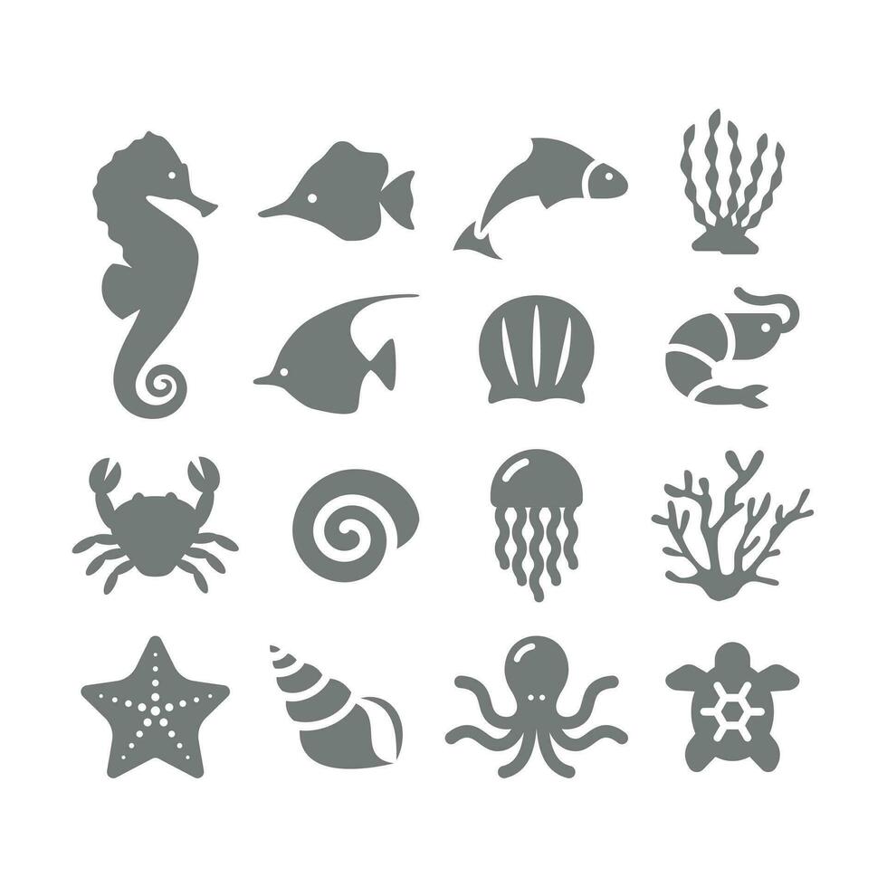 Marine or sea life, octopus and sea horse vector icons. Fish, shell and jellyfish icon set.