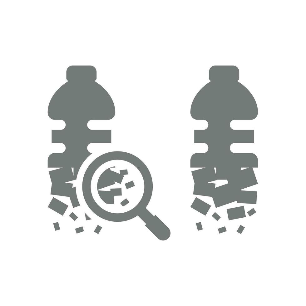 Microplastics with plastic bottle particles vector icon. Micro plastic or microplastic with magnifying glass symbol for pollution.