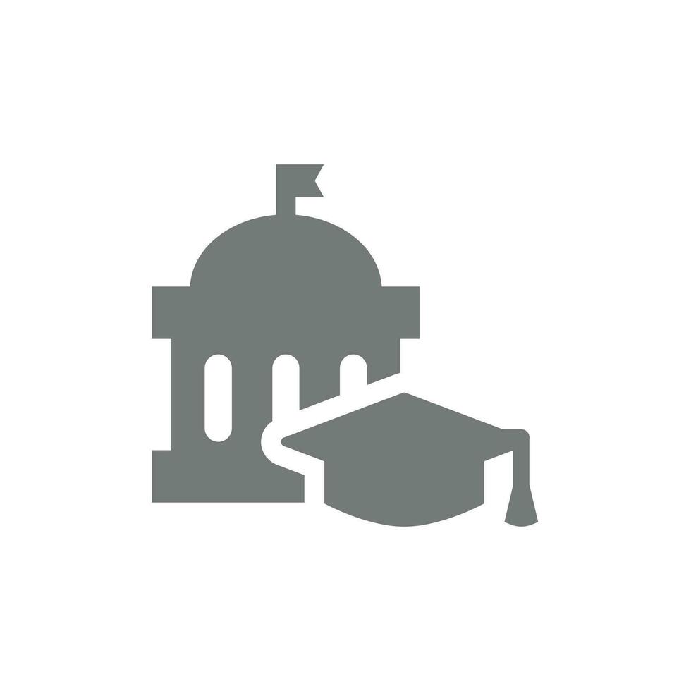 University or school building with graduation cap or hat. Education, student vector icon symbol.