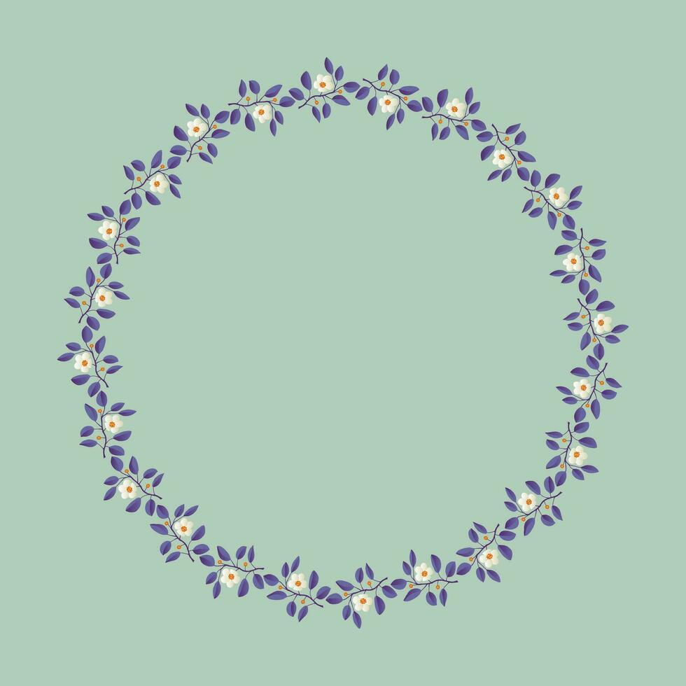 Floral wreath, branches with purple leaves and light cream flowers on pistachio background. Vector illustration, design for poster, banner, invitation, book, fashion fabric, wrapping.
