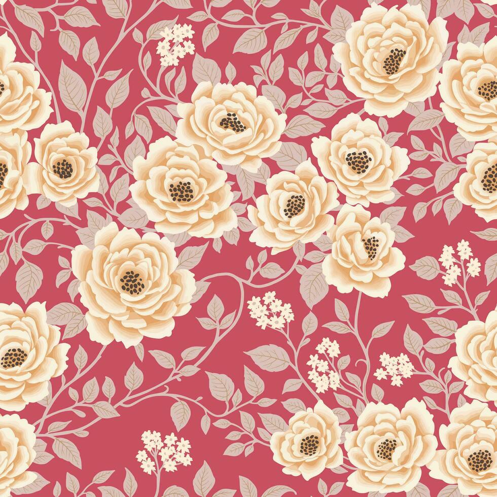 Floral Seamless Pattern of White Flowers on Cerise Pink Backdrop in a Chinoiserie Style. Hand Drawn Art. Wallpaper Design for Textiles, Papers, Prints, Fashion, Card Background, Beauty Products. vector