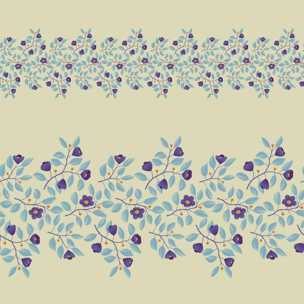 Floral border, branches with teal leaves and purple flowers on cream background. Vector illustration, design for poster, banner, invitation, book, fashion fabric, wrapping.