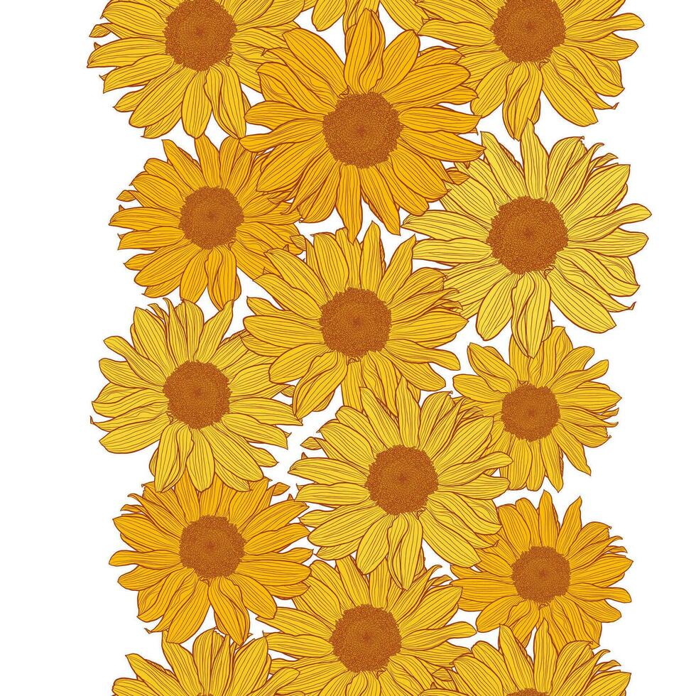 vector vertical sin costura frontera con amarillo girasoles con bronce contorno aislado en blanco antecedentes. digital Arte. decorativo diseño elemento para fondo de pantalla, envase, textil, tela, etiqueta diseño.