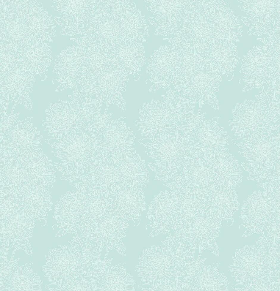 Chrysanthemums seamless pattern in mint green cyan color, hand drawn floral wallpaper design for print, cover, fabric, wrapping paper, packaging, cosmetics, beauty products vector