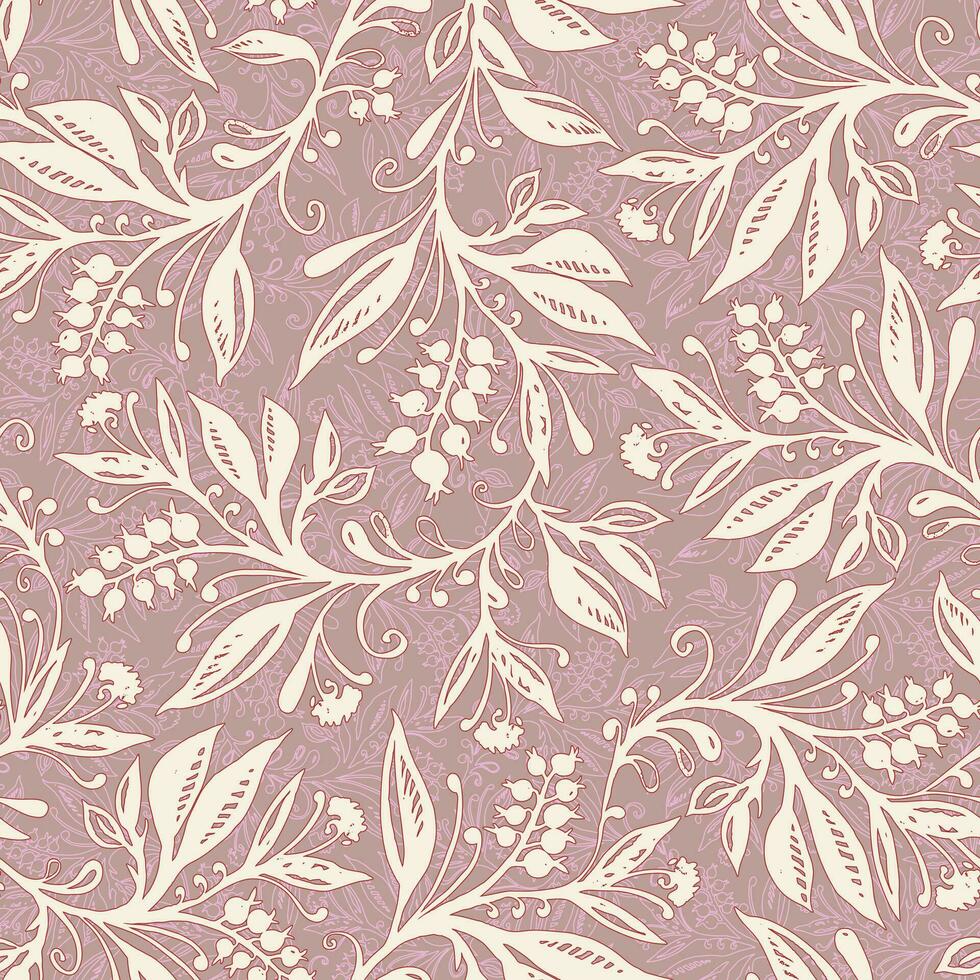 Floral seamless pattern with leaves and berries in pink, cream and taupe colors, hand-drawn and digitized. Design for wallpaper, textile, fabric, wrapping, background. vector