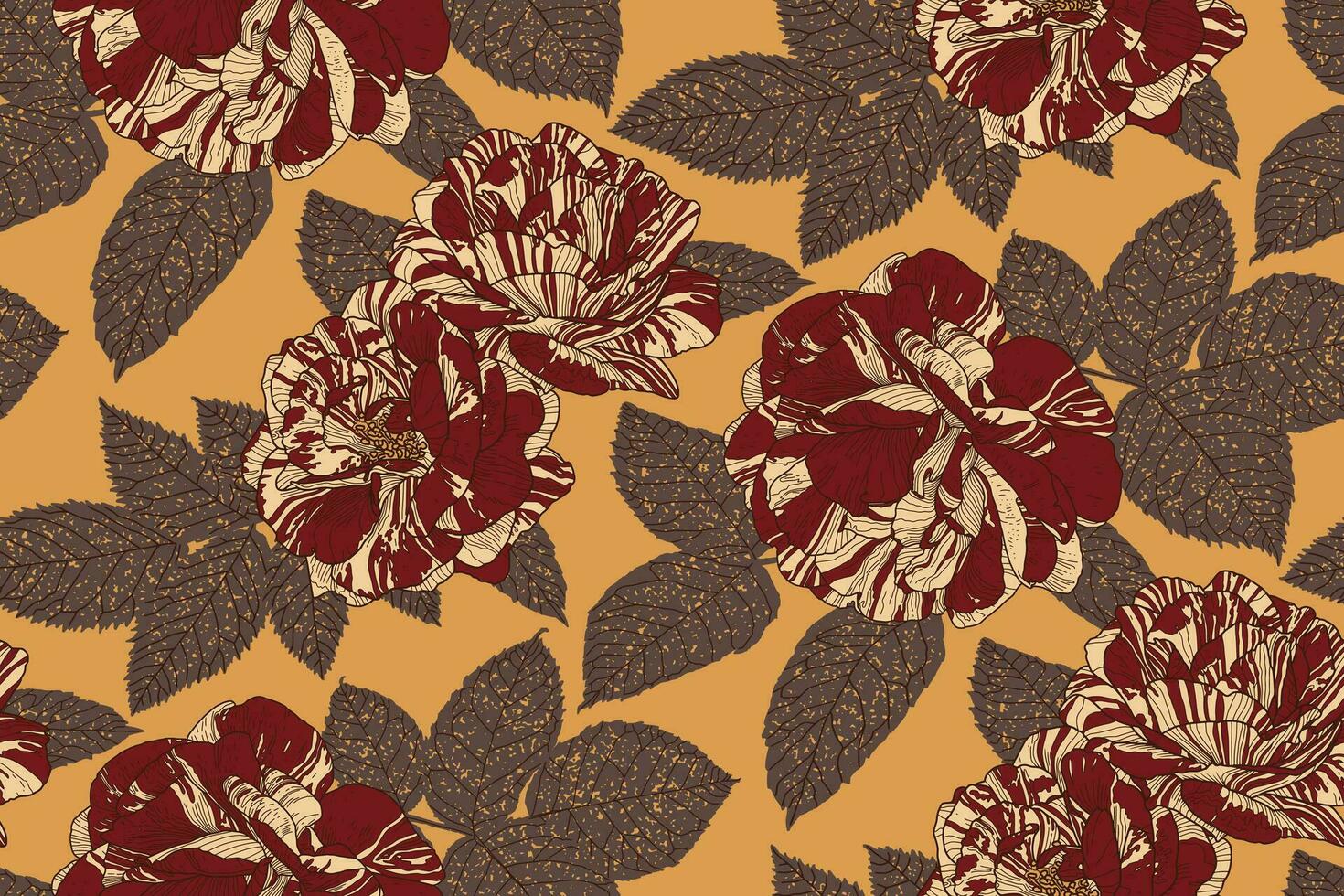 Seamless Pattern with Dark Red and Cream Roses and Grey Leaves on Sandy Brown Backdrop. Wallpaper Design for Print, Cover, Fabric, Wrapping Paper, Packaging, Cosmetics, Beauty Products vector