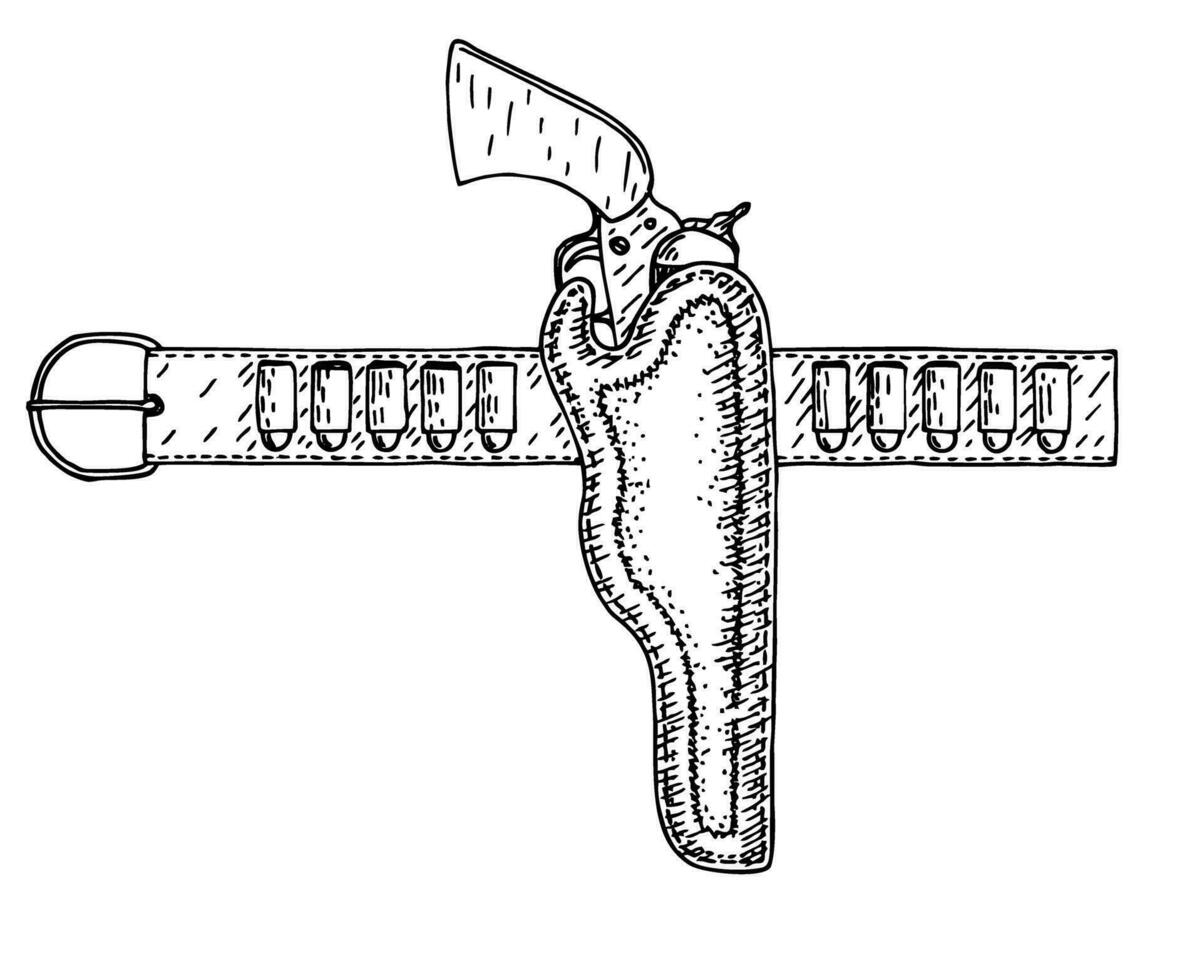 Vector sketch a cowboy gun in the holster with bullets. Belt ammunition vector icon. Revolver, a belt holster and ammunition