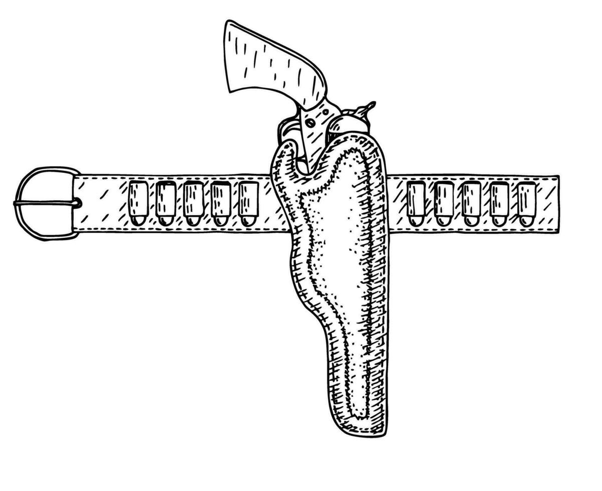 vector bosquejo un vaquero pistola en el funda con balas. cinturón munición vector icono. revólver, un cinturón funda y munición
