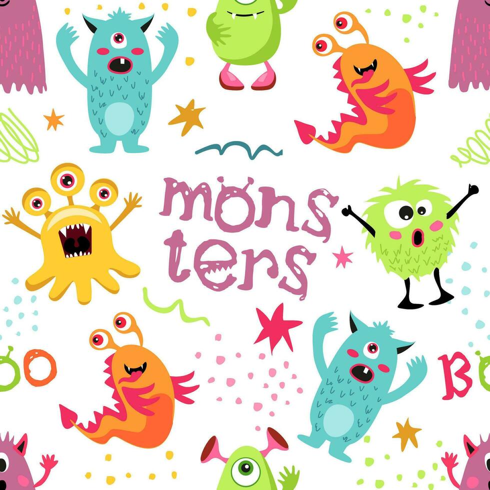 Seamless pattern with funny monsters. Cute cartoon. Texture for kids apparel, fabric, textile, wrapping. Vector illustration