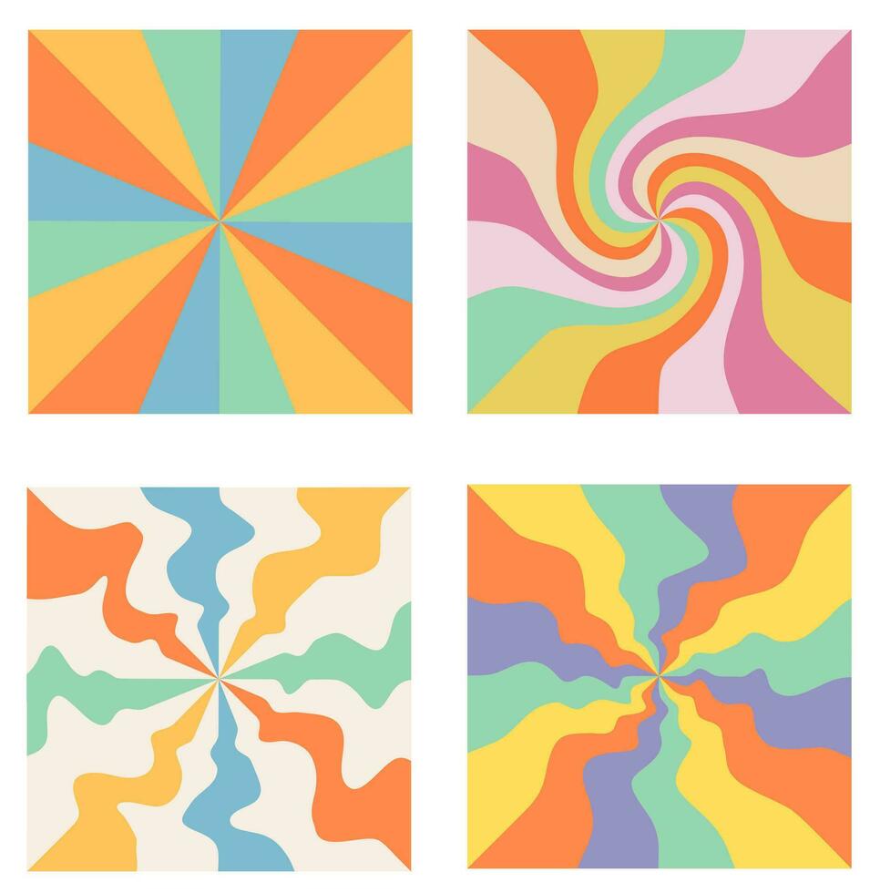 Groovy hippie 70s backgrounds set, psychedelic color lines and waves. Swirl, twirl pattern. Flat design, hippie aesthetic. vector