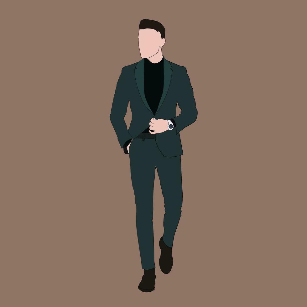 Vector about the fashion of a man wearing a green tuxedo on a brown background. Business clothing fashion theme concept.