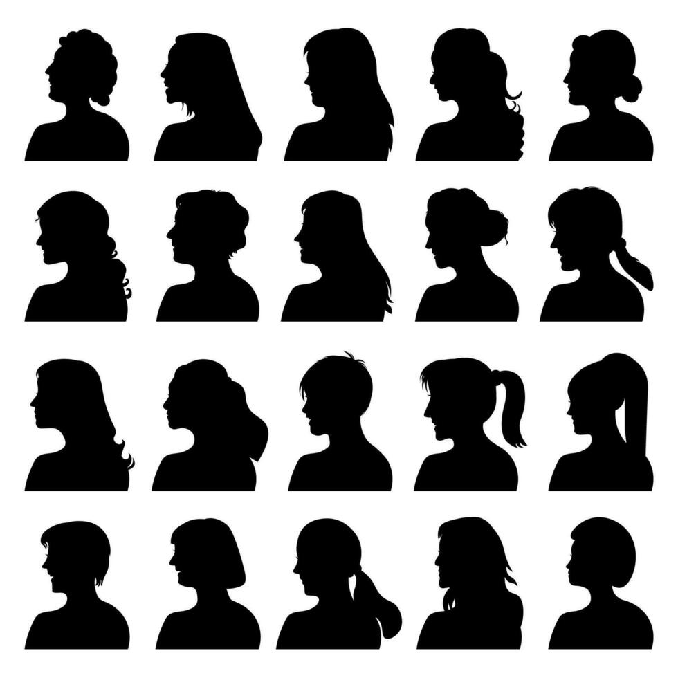 Collection of illustrations of women's heads, faces, laughing and smiling vector