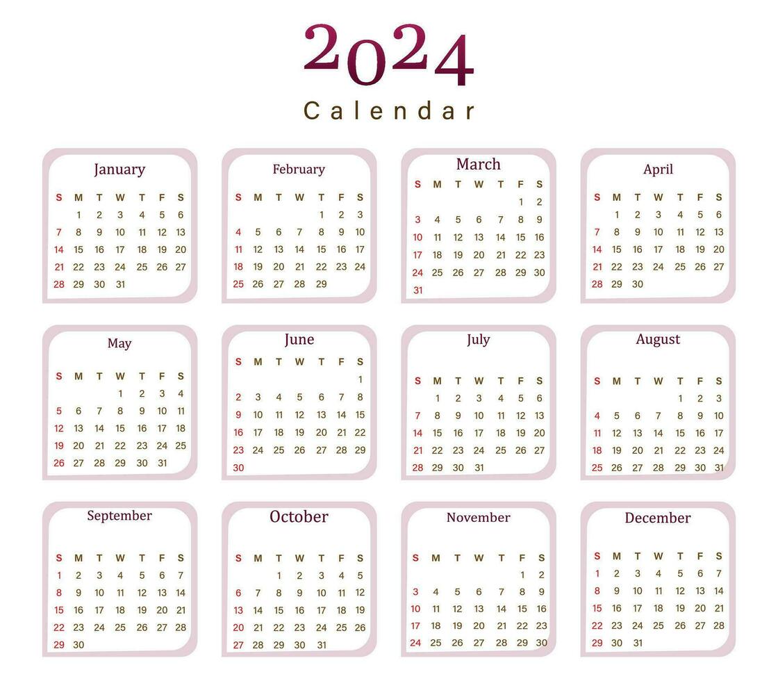 Calendar for 2024, isolated on a white background, Week starts on Sunday vector