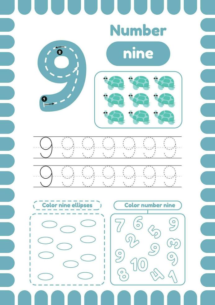 Activity page with Trace number nine.  Many exercises for kids, coloring figures vector