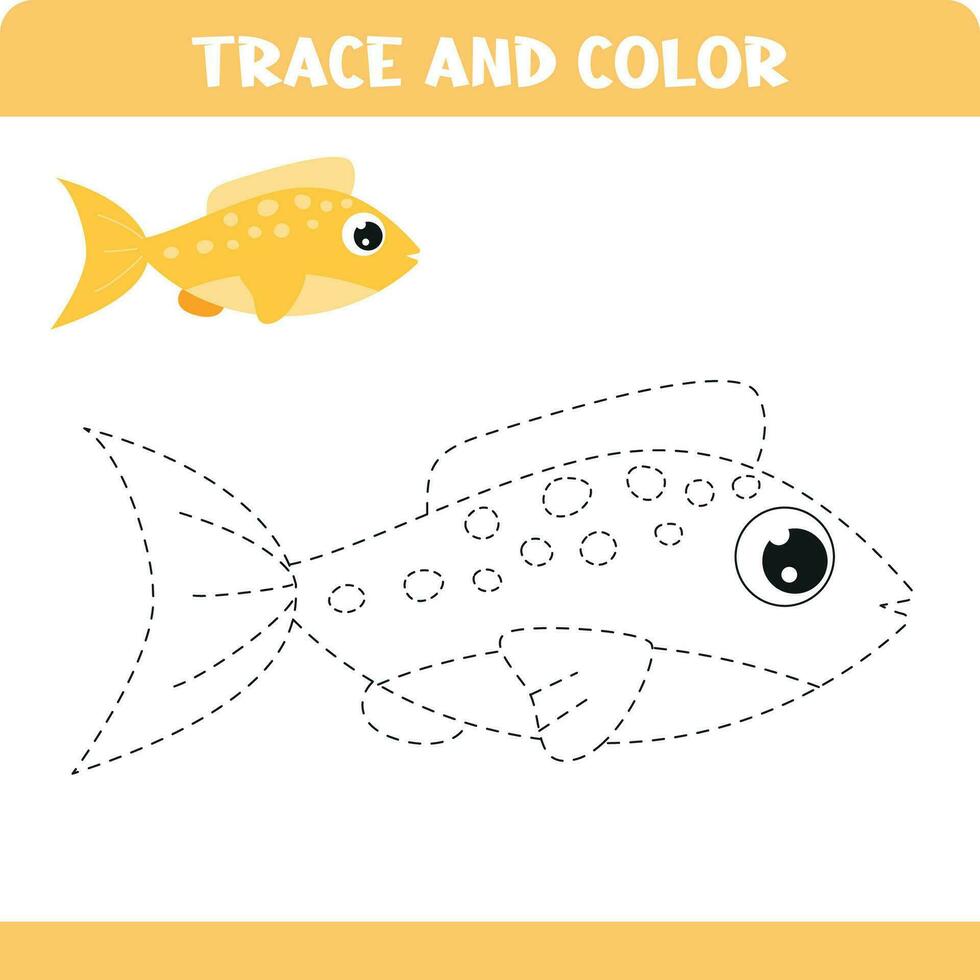 Trace and color game for kids. Activity worksheet. Outline fish vector