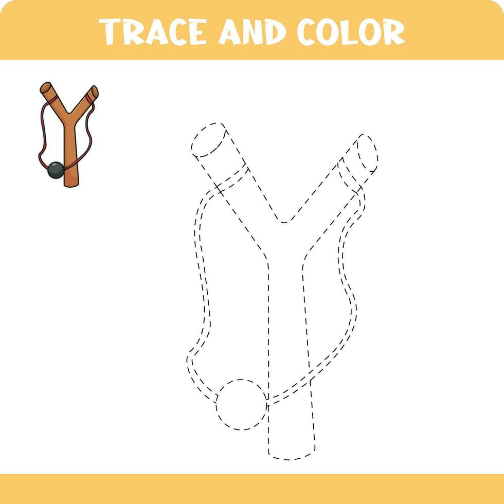 Trace and color educational worksheet for kids. Tracing slingshot. Activity color pages vector