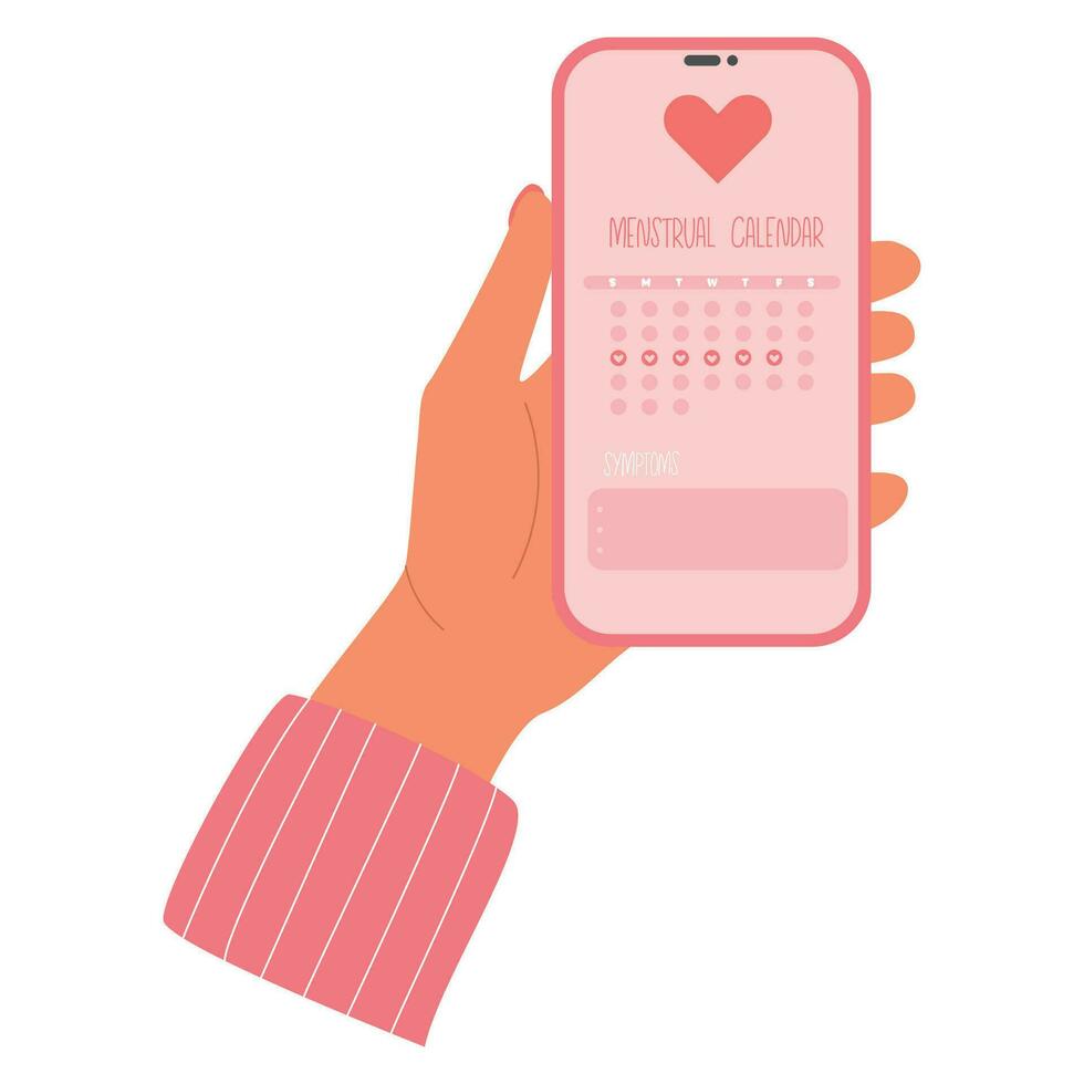 niña sostiene teléfono con un menstruación calendario aplicación De las mujeres salud cuidado rastreador. período ovulación dias aplicación vector