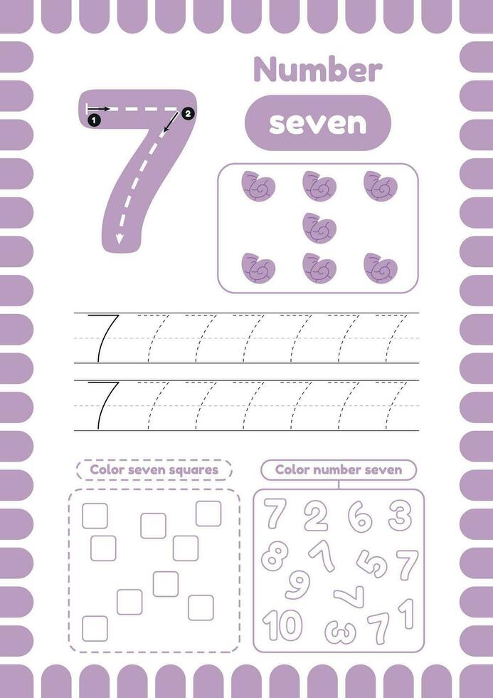 Trace number seven. Activity page with many exercises for kids, coloring figures. Handwriting practice. vector