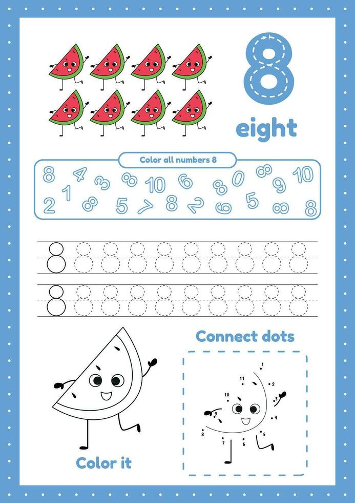 Many games on one page for preschool kids. Color page, dot to dot, trace. Learning number 8 vector