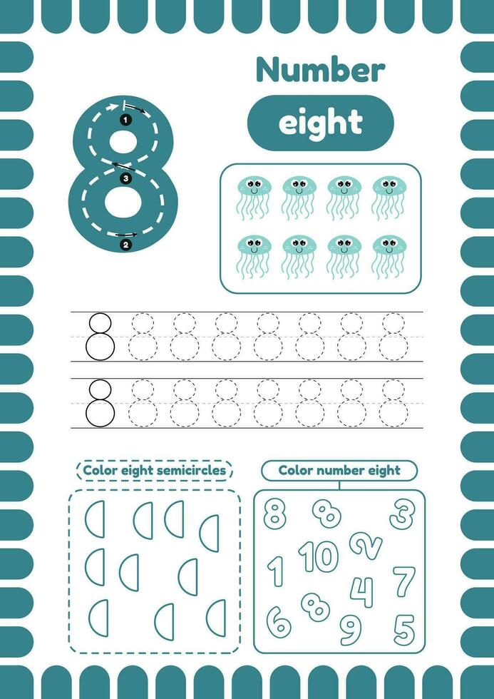 Trace number eight. Activity page with many exercises for kids, coloring figures vector